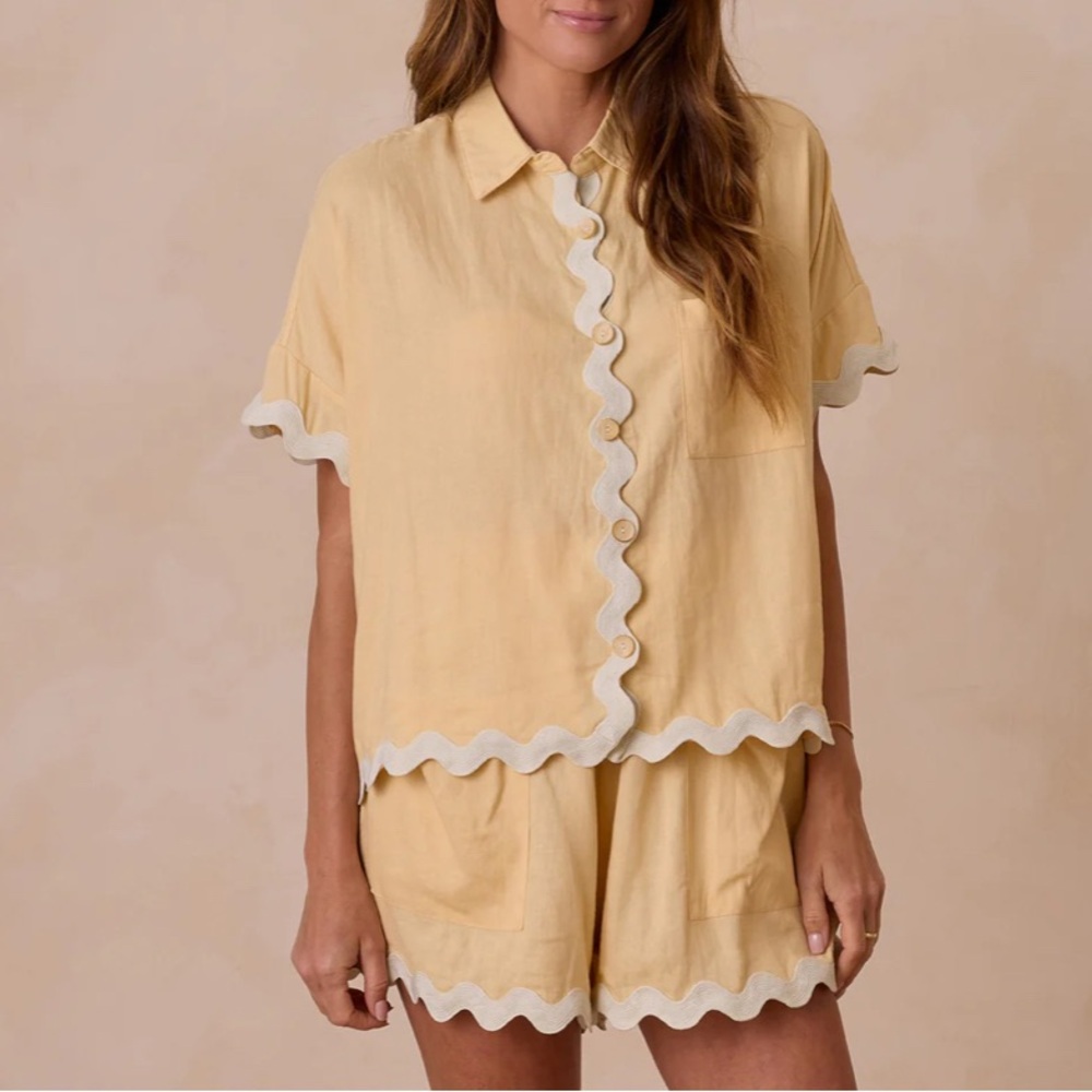 Kelli Set - Yellow Short Sleeve Button-Up Top and Shorts